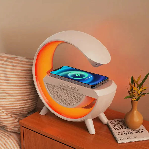 Multifunctional G-Shape Lamp: Bluetooth Speaker, Wireless Charger, LED Night Light, FM Radio, 15W Fast Charging, 7 Color Changing