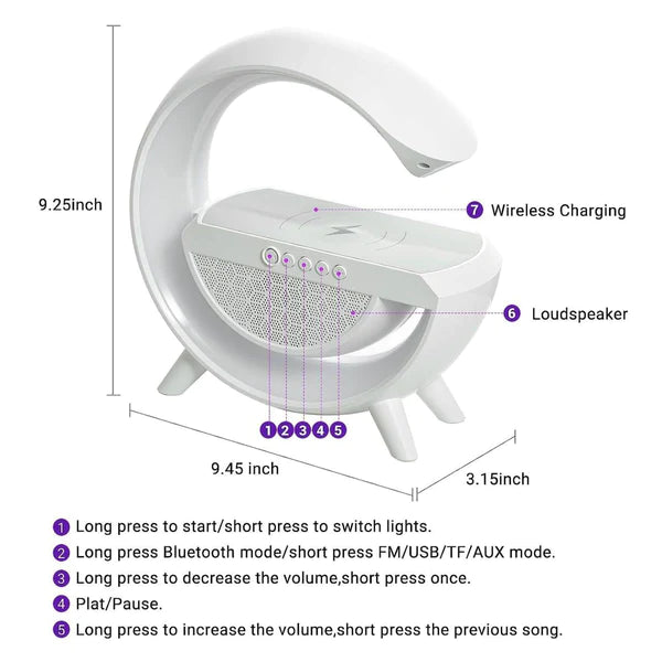 Multifunctional G-Shape Lamp: Bluetooth Speaker, Wireless Charger, LED Night Light, FM Radio, 15W Fast Charging, 7 Color Changing