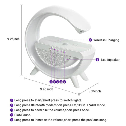 Multifunctional G-Shape Lamp: Bluetooth Speaker, Wireless Charger, LED Night Light, FM Radio, 15W Fast Charging, 7 Color Changing