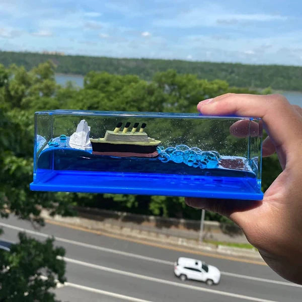 Titanic Cruise Ship Decoration for Home, Office with Blue Liquid and Unsinkable Boat, Rotate and feel the Reality of Titanic